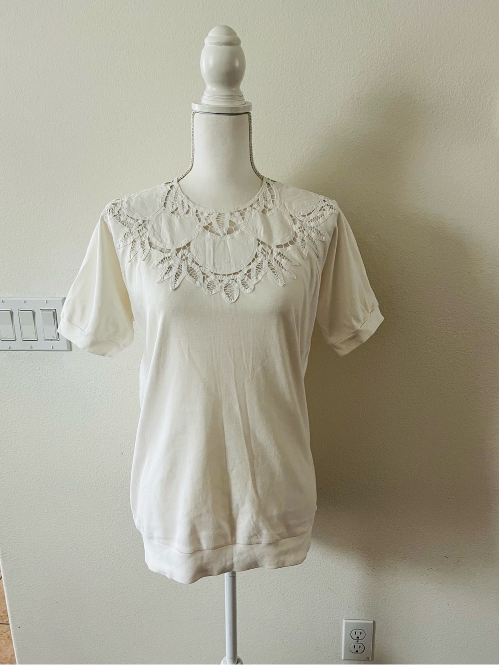 Dotti Cream Short Sleeve Top with Crochet Yoke